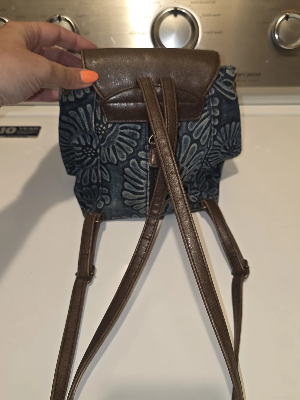 Blue Floral Denim Backpack with Brown Trim